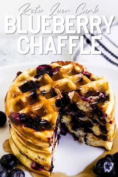 a stack of blueberry waffles on a white plate with the words keto your car's blueberry chaffle