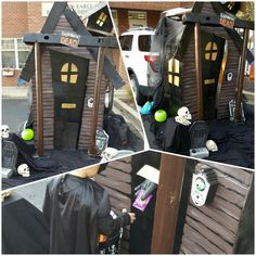 this is an image of halloween decorations in the shape of houses with pumpkins and ghost heads