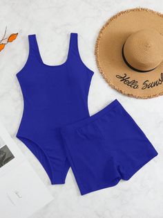 Royal Blue Casual Collar   Plain  Embellished High Stretch  Women Clothing One Piece Swimsuit With Shorts, Pink One Piece Swimsuit, Swim Summer, Bathing Suit Shorts, Swimsuit With Shorts, Costume Intero, 2 Piece Swimsuits