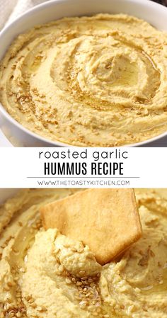 roasted garlic hummus recipe in a white bowl with a wooden spoon and text overlay that reads roasted garlic hummus recipe