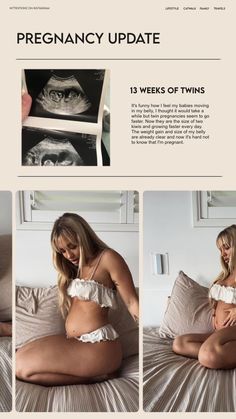 the pregnant woman is sitting on her bed and looking at something in front of her