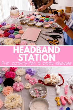 a table topped with lots of crafting supplies and flowers next to a woman making headbands