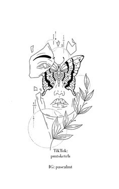 a black and white drawing of a woman's face with butterflies on her head