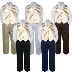 100% Brand New 4 Pieces Satin Color Vest Suit Set Including in this listing: Shirt Vest Pants Necktie Features: 5 Color Collection The long white shirt is made out 35% cotton, 65% polyester fabric. 100% Satin Vest. Satin Covered Buttons for Closure. Satin Fabric is used on the back of vest as well The color coordinated pants, a hidden fly zipper in the front, belt loops and an adjustable elastic waistband in the interior of waist. There are angled pockets on each side of the pants and two button Champagne Vest, Different Color Pants, Champagne Bow Tie, Bow Tie Pants, Long White Shirt, Bow Tie Suit, Wedding Vest, Vest And Bow Tie, Gentleman Outfit