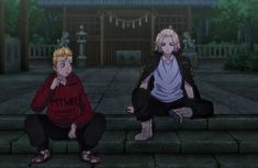 two anime characters sitting on some steps