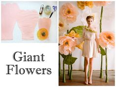 a woman standing in front of giant paper flowers with scissors and paintbrushes around her