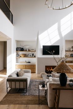 a living room filled with furniture and a fire place in the middle of a room