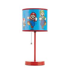 a lamp with mario and luigi characters on the lampshade, which is attached to a red metal base