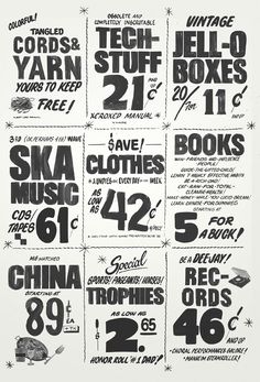 an advertisement for some kind of clothing store with prices in black and white on the front