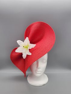 Red Wide Brim Costume Hat For Church, Red Handmade Flowers Fascinator For Wedding, Red Handmade Flowers Fascinator For Summer, Red Summer Fascinator With Handmade Flowers, Red Wedding Fascinator With Handmade Flowers, Summer Red Fascinator With Handmade Flowers, Red Fitted Hat For Gift, Red Costume Hat For Church, Red Fitted Hat As Gift