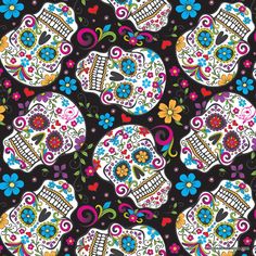 a black background with colorful skulls and flowers