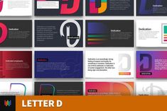 a bunch of business cards with different colors and font on them, including the letter d