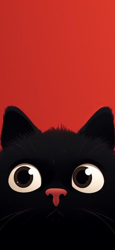 a close up of a black cat's face with big eyes on a red background