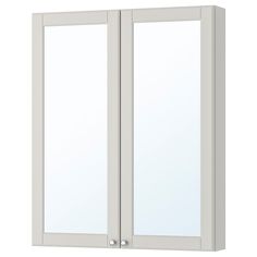 a white cabinet with two glass doors on the front and back sides, against a white background