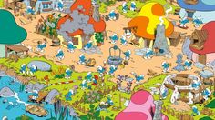 the smurfs are playing in an animated scene with many different colored animals and people