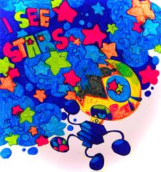 a child's drawing of a person surrounded by stars and confetti on a white background