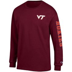 Show off your Virginia Tech Hokies fandom with this Team Stack T-shirt by Champion. It features bold Virginia Tech Hokies graphics on the chest, left sleeve and back. This tagless tee will ensure you stay comfy while watching the team dominate. Screen print graphics Long sleeve Crew neck Officially licensed Machine wash, tumble dry low Imported Back neck taping Brand: Champion Rib-knit collar and cuffs Material: 100% Cotton Long Sleeve Cotton T-shirt With Team Spirit, Team Spirit Long Sleeve Cotton T-shirt, Long Sleeve Team Spirit T-shirt, Fall Team Spirit T-shirt With Crew Neck, Fall Season Team Name T-shirt With Crew Neck, Fall Fan Gear T-shirt With Crew Neck, Fall Crew Neck T-shirt For Fan Gear, Tiger Team, Neck Taping