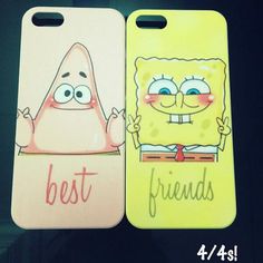 two cell phones with cartoon characters on them, one is yellow and the other is pink