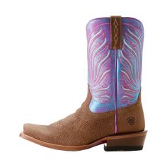 Style number: 10053808. Scratched tan leather foot. Azure sunset leather shaft. Unique embroidery on shaft. 10" shaft height. Leather lining. Narrow cutter toe shape. Easy pull on tabs. Single stitch welt. All day cushioning insole. Pink leather outsole. 1.75" heel height. Justin Boots Womens, Equestrian Riding Boots, Square Toe Western Boots, Twisted X Boots, Boots Store, Ariat Boots, Ariat Shoes, Hiking Boots Women, Western Boots Women