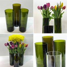 four different vases with flowers in them and one is green, the other has yellow