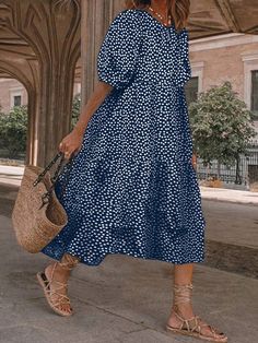 Azul Bohemio Collar manga corta Tela Geométrico,Plantas,floral de margarita,Estampado Integral Smock Embellished No-Elástico Teacher Dress, Teacher Dresses, Elegant Black Dress, Puff Sleeve Dress, Ruffle Hem Dress, Elegant Dresses Long, Puffed Sleeves Dress, Vestido Casual, Women Long Dresses