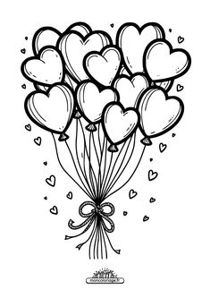 a bunch of heart shaped balloons floating in the air with ribbons and bows on it