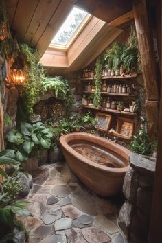 a bath tub sitting in the middle of a room filled with plants