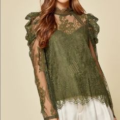 Beautiful Lace Top In Olive Green That Would Make A Drake Great Transition Piece From Day To Night. Romantic, Professional, Sexy And Comfortable All In One Blouse. Fall Date Night Tops With Lace Trim, Fall Lace Tops For Date Night, Spring Lace Patchwork Tops For Night Out, Spring Feminine Lace Top For Date Night, Spring Lace Top With Lace Trim For Date Night, Feminine Lace Top For Date Night In Spring, Spring Chic Lace Top With Sheer Sleeves, Chic Lace Top For Fall Brunch, Green Lace Party Top