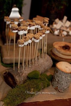 an image of food on sticks in the middle of a table with moss and wood slices