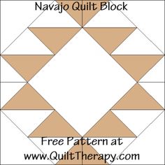 the navajo quilt block pattern is shown in brown and white, with text that reads free pattern at www quilt therapy com