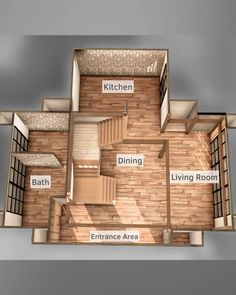 an overhead view of a kitchen and living room in a house with wood flooring