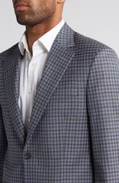 A blend of wool, silk and linen woven in a dusky check distinguishes a sport coat styled with traditional detailing that looks smart at any semiformal occasion. 30" length (size 40) Notched lapels Nonfunctional four-button cuffs Chest welt pocket; front flap pockets Side vents Lined 71% wool, 17% silk, 11% linen, 1% spandex Dry clean Made in Portugal Mens Sport Coat Outfit, Capsule Wardrobe Men, Sport Coat Outfit, Mens Sport Coat, Summer Wardrobe Essentials, Sports Blazer, Business Casual Men, Made Clothing, Denim Leggings