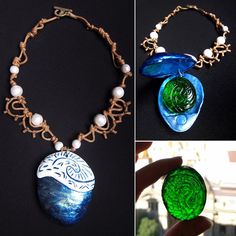 three pictures of different necklaces made with glass and wood, including one featuring a sea shell