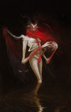 a painting of a woman with wings and blood on her body, standing in the water