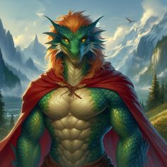 a green dragon with red cape standing in front of mountains