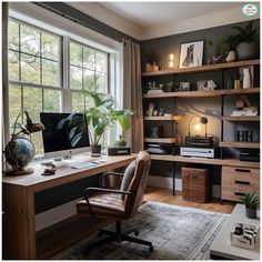 a home office with shelves, desk and chair in front of a large open window