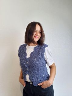 Crochet women vest.Irish lace vest.Sleeveless vest crocheting. Hippie crochet vest.Woolen vest crocheting.Crochet sweater vest. Womens woistcoat crochet.Lace women vest. This women's vest is crocheting from thick semi-wool yarn. This is a warm women's vest. This vest will delight you with its warmth on cool days. Women's crocheted vest is suitable as a gift for Christmas. Size: L chest-96cm/37.7' inches waist-88cm/34.6'inches length-50cm/19.6'inches Material: 51%acrylic,49%wool Color: denim Care Fall Sleeveless Crochet Top With Crochet Trim, Sleeveless Crochet Top With Crochet Trim For Fall, Sleeveless Crochet Lace Top For Fall, Crochet Sleeveless Sweater Vest For Fall, Fall Crochet Sleeveless Sweater Vest, Fitted Crochet Lace Vest, Fitted Crochet Vest For Fall, Sleeveless Crochet Vest Top For Fall, Fall Sleeveless Crochet Vest Top