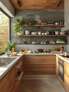 a kitchen filled with lots of counter top space next to a sink and stovetop oven