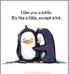 two penguins hugging each other with the words babe luv u and m below them