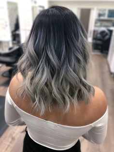 Black And White Hair Medium Length, Black Grey Balayage, Black And Gray Balayage, Balayage Hair Ash Grey, Grey Blending Black Hair, Grey Balayage Brunettes, Silver Balayage On Dark Hair, Gray Balayage On Dark Hair, Balayage Silver