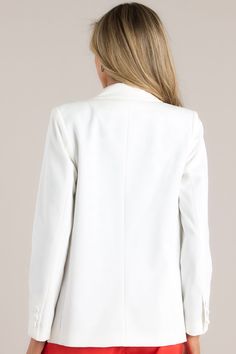 Get ready to take charge and make a statement in our Down To Business White Blazer. Its clean, crisp design will elevate any outfit, while its bold attitude is sure to inspire confidence. With this blazer, you'll be ready to conquer any challenge that comes your way! This blazer features two functional pockets, functional buttons, a lapel collar, lightweight shoulder pads, and a multicolor print lining. 71% Polyester, 24% Rayon, 5% Spandex Hand Wash Cold Lined 100% Polyester Imported SID - 7044 Sleek Structured Spring Blazer, Modern Solid Color Blazer For Work, Modern White Blazer With Hidden Button Closure, Modern Notch Lapel Blazer For Career, Modern Career Blazer With Notch Lapel, Modern Notch Lapel Career Blazer, Sleek Career Blazer With Hidden Button Closure, Sleek Blazer With Hidden Button Closure For Career, Modern White Office Blazer