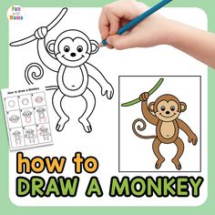 how to draw a monkey for kids with pictures and instructions on the back side, in front of a green background