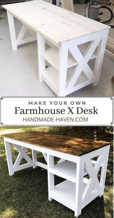 an old farm house desk is transformed into a diy workbench