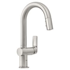 a stainless steel faucet with the handle extended to it's side spout