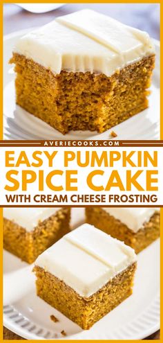 pumpkin spice cake with cream cheese frosting is on a white plate and has two slices cut out