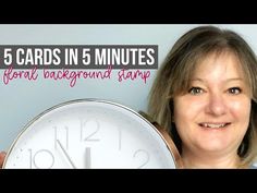 a woman holding up a clock with the words 5 cards in five minutes for backend stamp