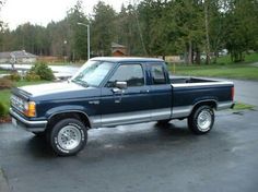 a blue pick up truck parked in a parking lot next to some bushes and trees