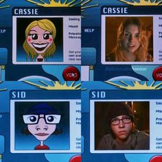 an image of the faces of cartoon characters on tv screen with captioning below