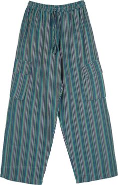 Lightweight and fun, these casual striped trousers in green and blue striped print are easy to wear pull-up style pants with an elastic waistband.  These feature five pockets - two deep pockets on the sides with flaps to keep utility items. #tlb #SplitSkirtsPants #Pocket #Yoga #vacationclothing #beachwrap #Unisexcottonbohopants #unisexhippietrousers #unisexbohocargopants #hippiepantsingreen #hippiepantswithpockets The Little Bazaar Pants, Hippie Trousers, Hippy Pants, Striped Trousers, Pants Pocket, Estilo Hippie, Hippie Pants, Hippie Look, Scarf Shirt