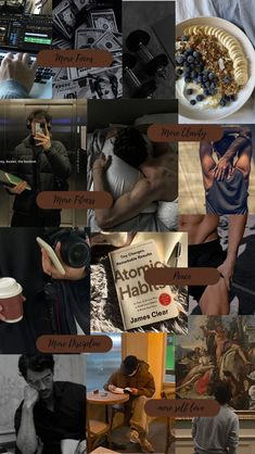 a collage of photos with people and food on them, including coffee cups, books